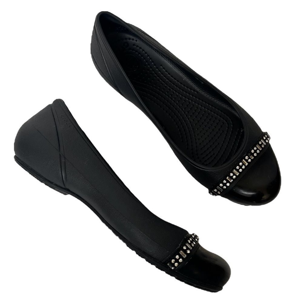Crocs Lina Cap Toe Rhinestone Patent Slip On Black Ballet Flats Comfort Shoes 8